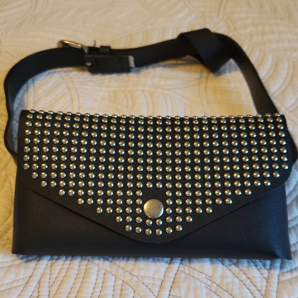 Studded Black Faux Leather Belt Bag